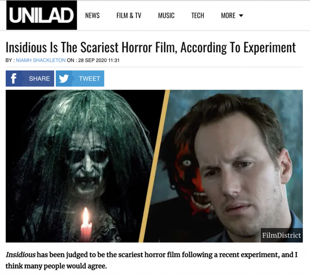 article snapshot with headline and images of a monster and a white man looking concerned